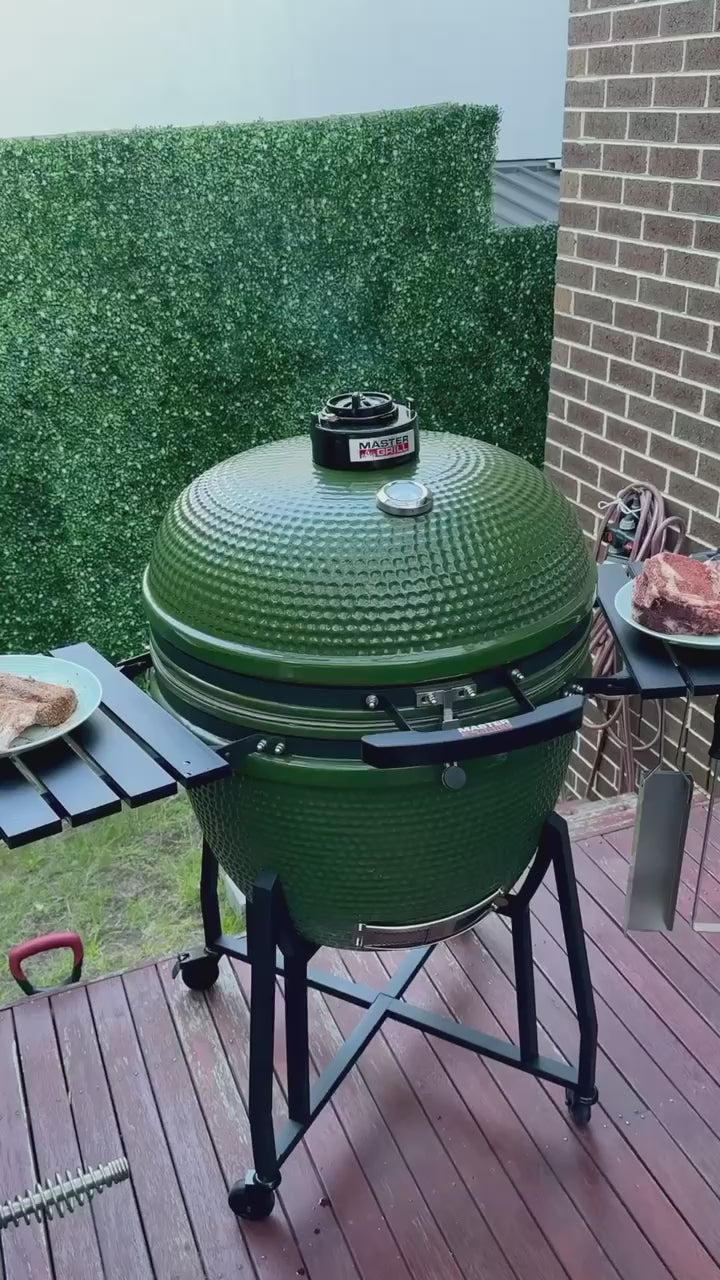Load video: Master Grill 22" Premier Kamado Ceramic Smoker Set